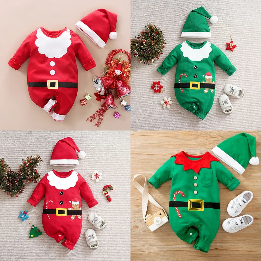 Kerstromper katoen met lange mouwen en drukknopen – kerstman- of rendierprint | kerstpakje baby