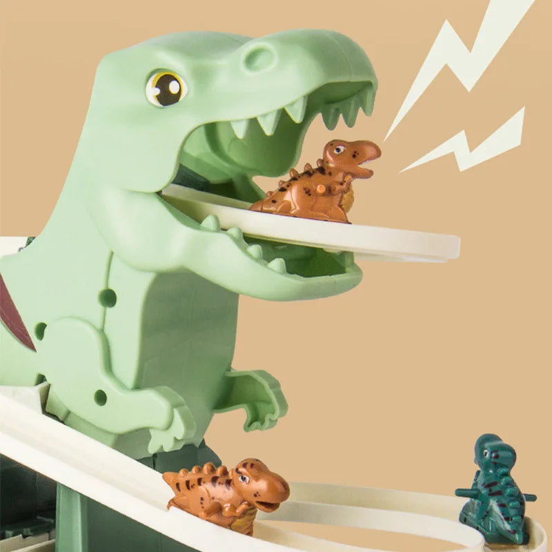 Dino racebaan met trap en glijbaan – muziek en LED-licht, dinofiguren | speelgoedbaan voor kinderen