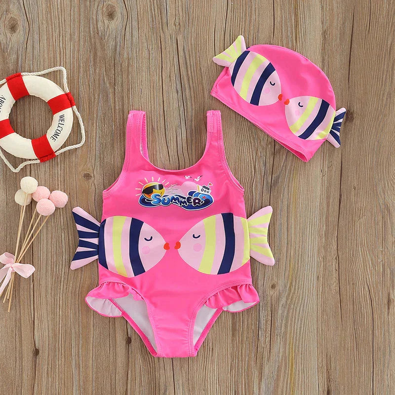Zacht & Sneldrogend Meisjes Badpak met Zwemcap – Comfortabel & Speels Design | SunnySplash Zwemset 0-4 Jaar