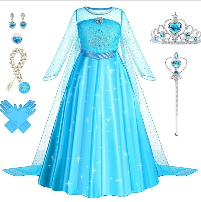 Prinsessenjurk Kinderen Blauw – Verkleedset met Accessoires (3–10 Jaar)