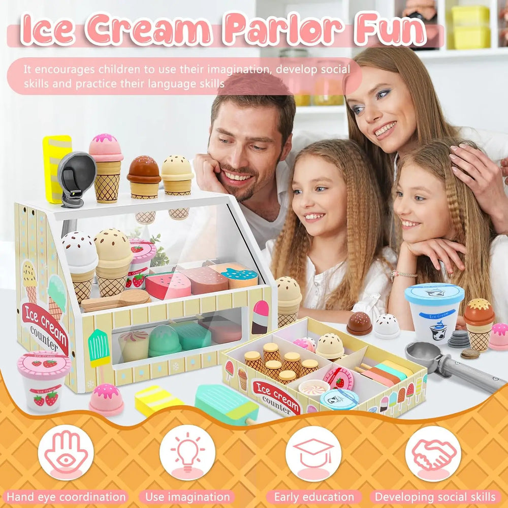 Playvero Count & Scoop Ice Bar – Educatieve Houten IJsjes Speelset met Geld en Rollenspel