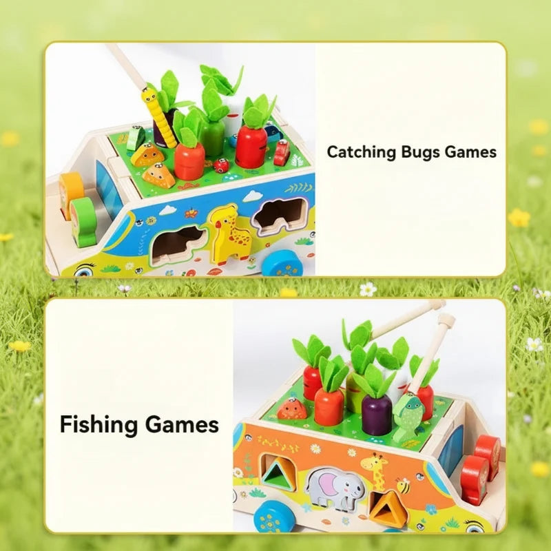 Houten trekwagen met dierenvormen, magnetisch hengelspel en sorteerblokken, montessori activiteitenspeelgoed voor peuter