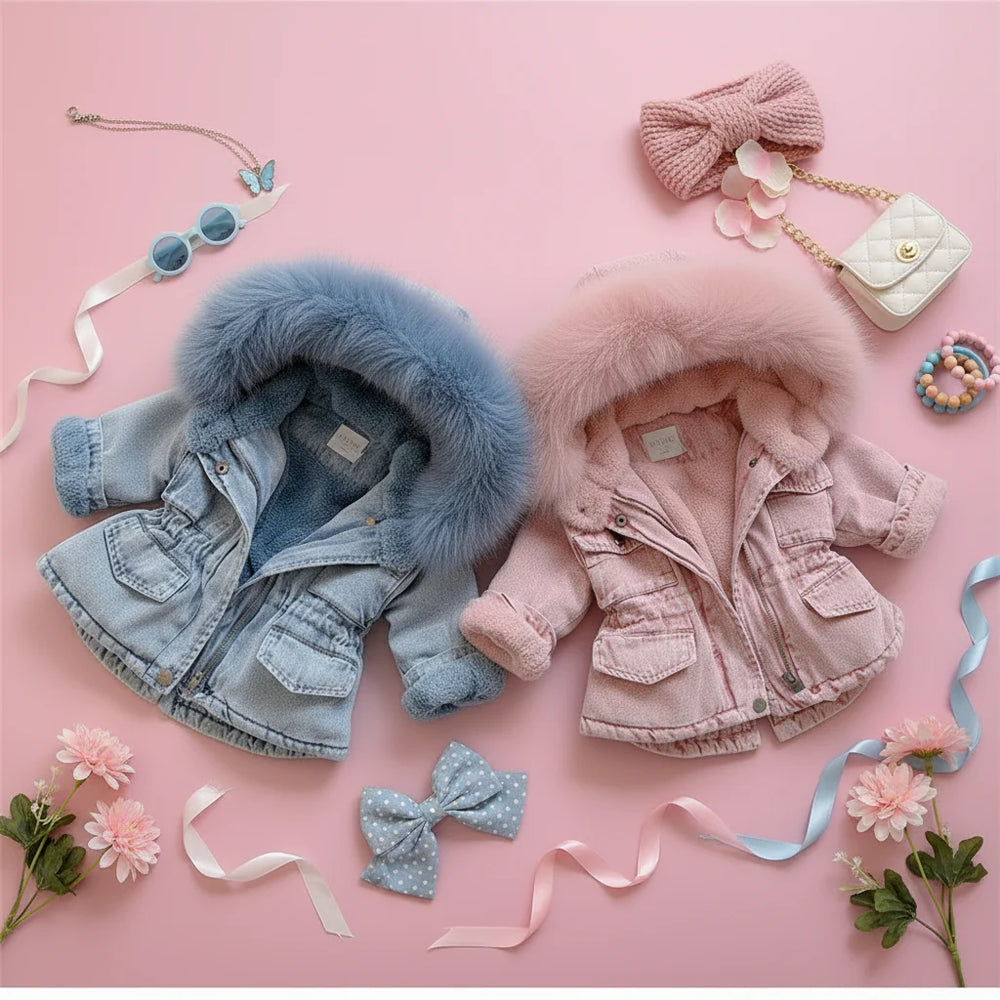 Warme Meisjes Denim Winterjas met Capuchon – AuroraCloud