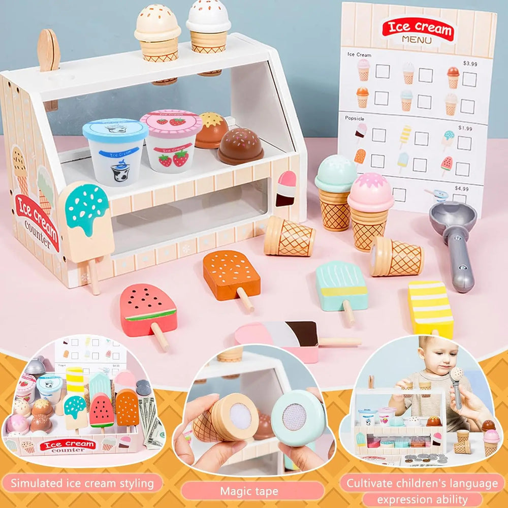 Playvero Count & Scoop Ice Bar – Educatieve Houten IJsjes Speelset met Geld en Rollenspel