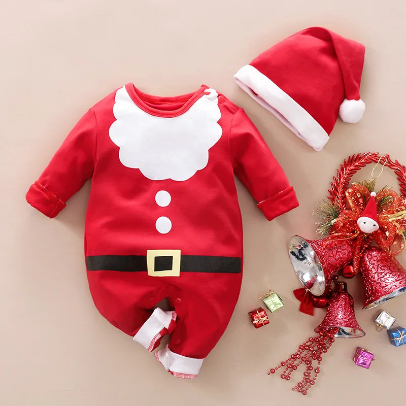 Kerstromper katoen met lange mouwen en drukknopen – kerstman- of rendierprint | kerstpakje baby