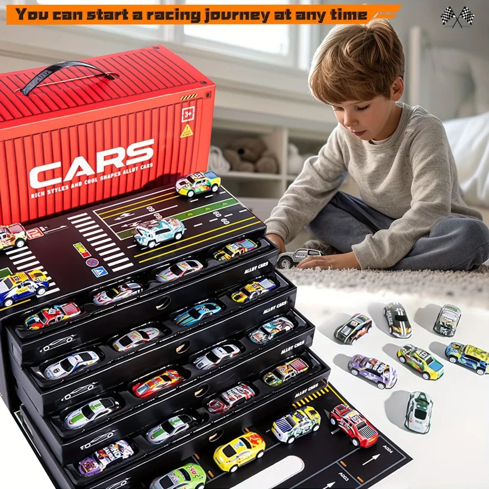 Raceauto Set 48 Stuks – Mini Auto’s met Racebaan & Opbergbox (3+ jaar)