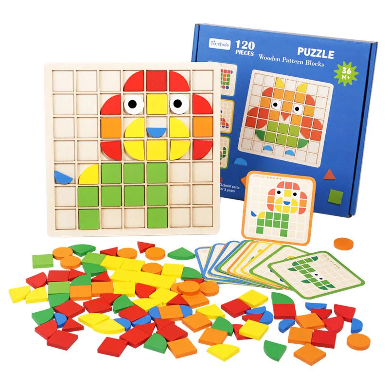 Houten mozaïekpuzzel met 120 stukjes – 20 dubbelzijdige kaarten | patronenpuzzel Montessori
