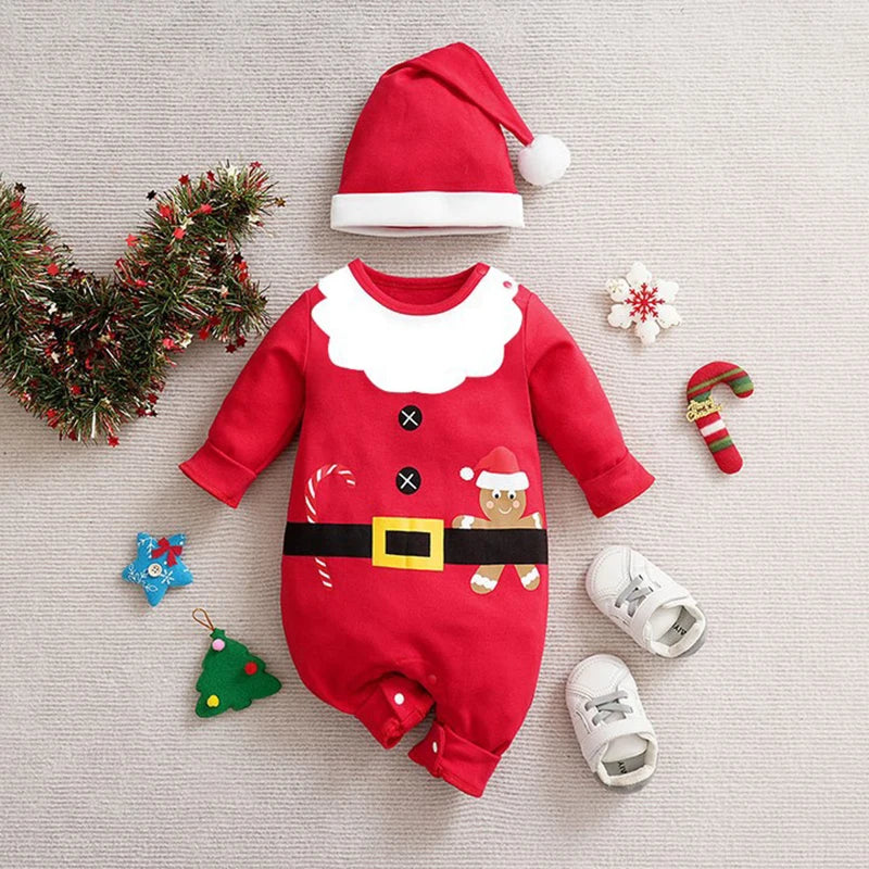 Kerstromper katoen met lange mouwen en drukknopen – kerstman- of rendierprint | kerstpakje baby