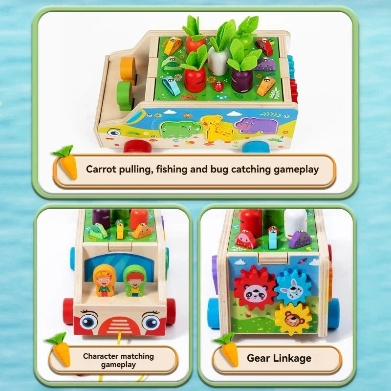 Houten trekwagen met dierenvormen, magnetisch hengelspel en sorteerblokken, montessori activiteitenspeelgoed voor peuter