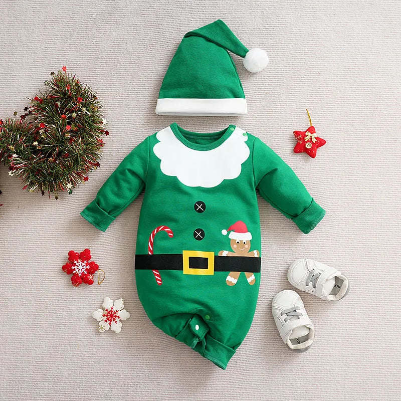 Kerstromper katoen met lange mouwen en drukknopen – kerstman- of rendierprint | kerstpakje baby