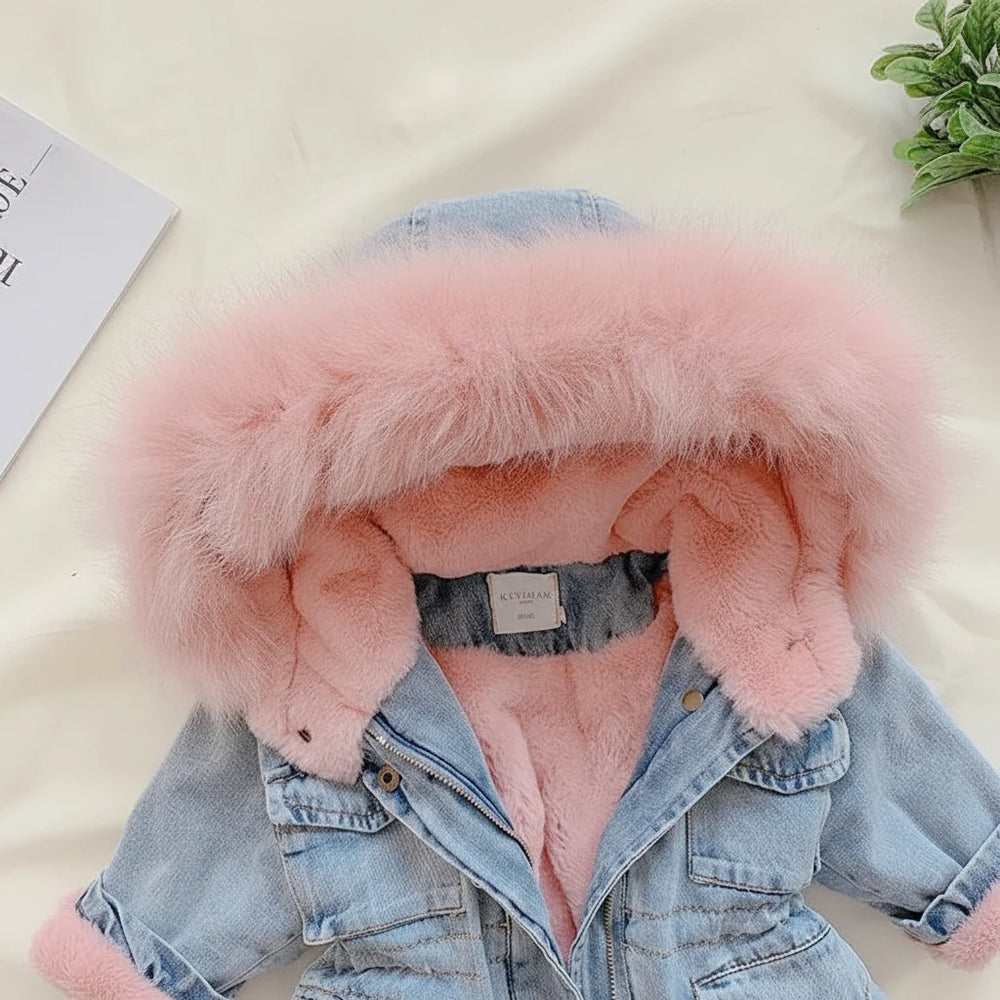 Warme Meisjes Denim Winterjas met Capuchon – AuroraCloud