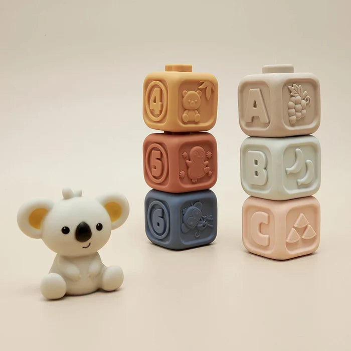 Stapel- en bijtspeelgoed koala met kubussen en ringen – zachte kunststof, texturen | babyspeelgoed
