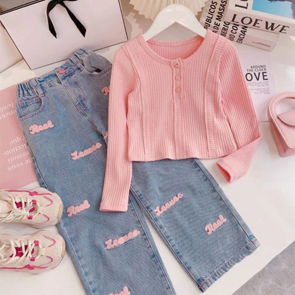 Meisjes 2-Delige Denim Broek & Roze Top Set