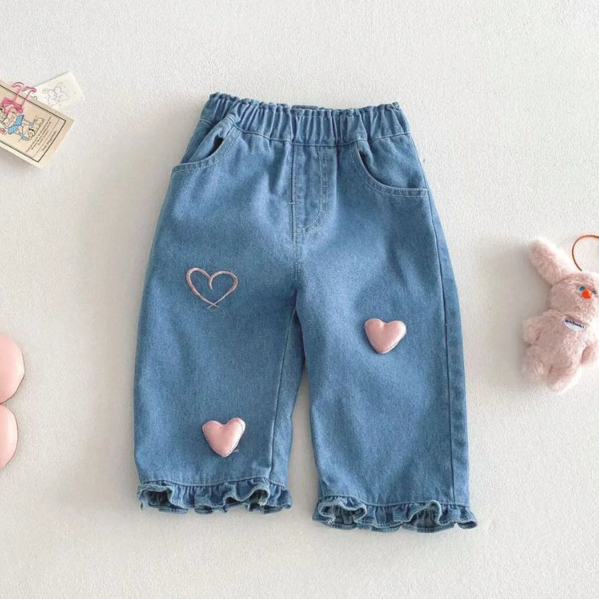 Meisjes Denim Broek Spijkerbroek met Roze Hartjes