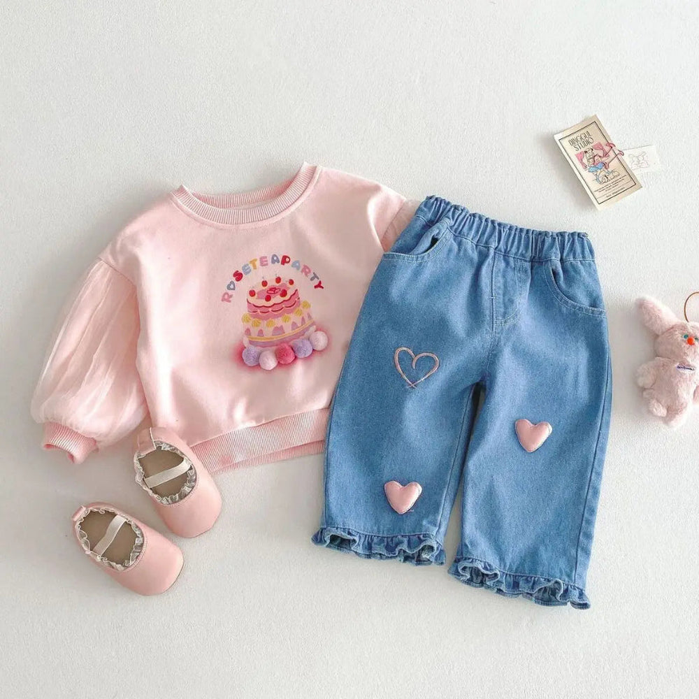 Meisjes Denim Broek Spijkerbroek met Roze Hartjes