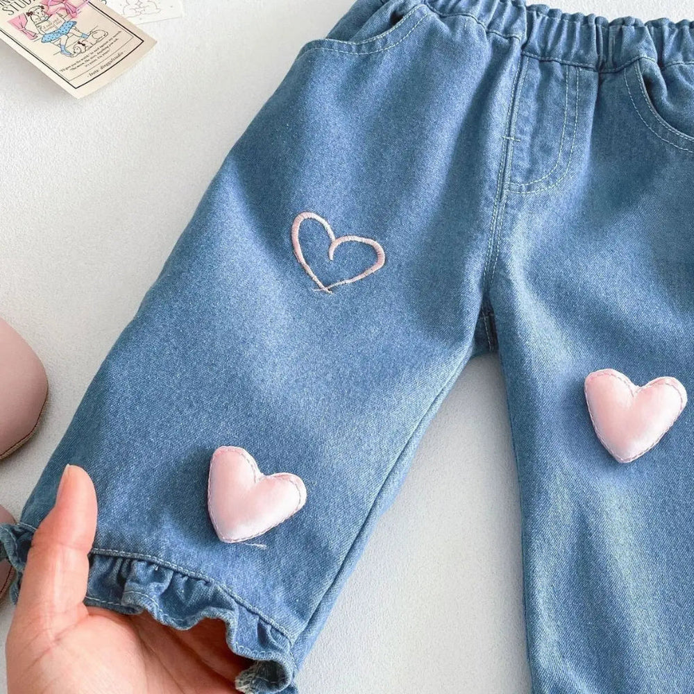 Meisjes Denim Broek Spijkerbroek met Roze Hartjes