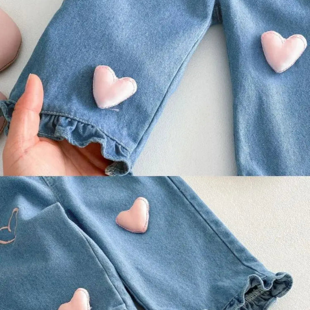 Meisjes Denim Broek Spijkerbroek met Roze Hartjes