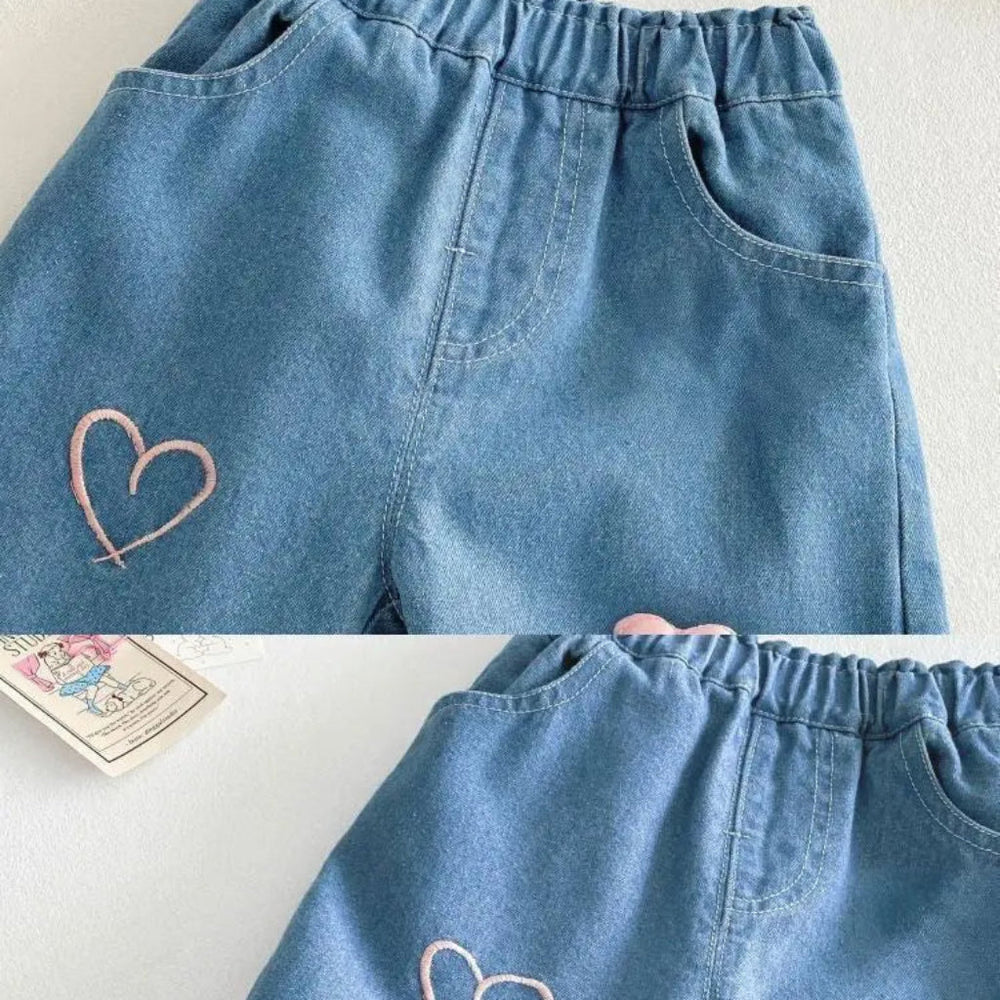Meisjes Denim Broek Spijkerbroek met Roze Hartjes
