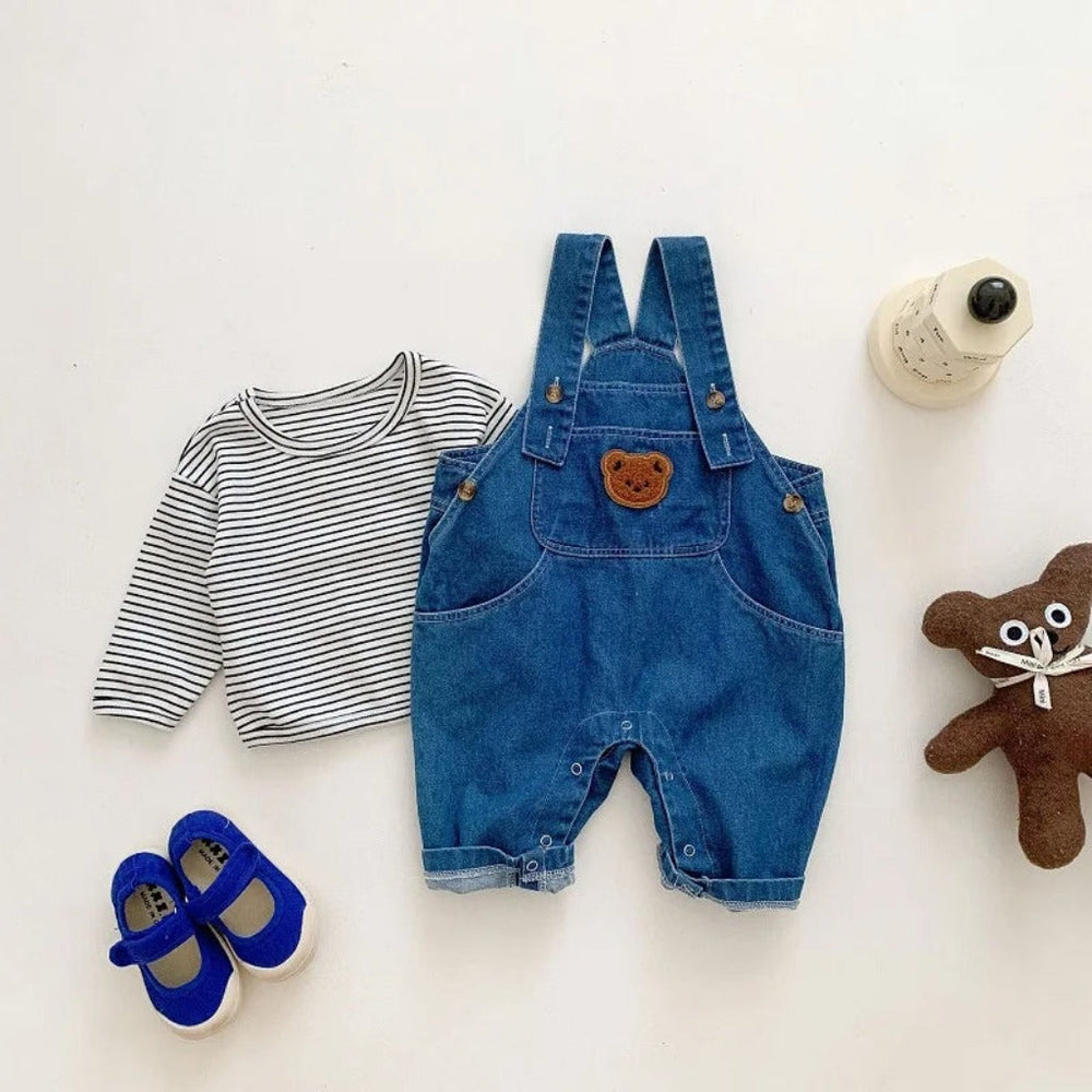 Denim Beer Baby 2-Delige Set – Jumpsuit met Gestreept Shirt