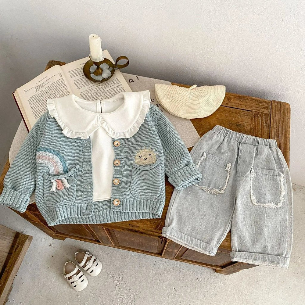 Salieblauw Meisjes Vest – 100% Gebreid Katoen Cardigan