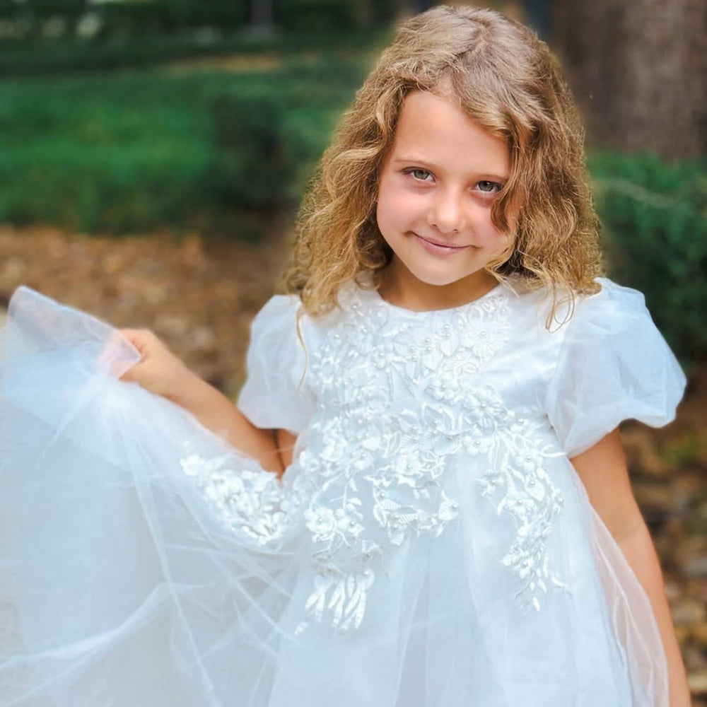 Witte Tule Bloemenmeisjes Jurk met Strik
