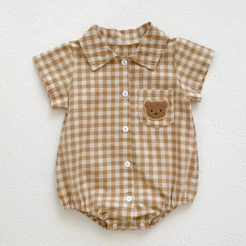 Geruite Baby Romper met Knopen en beer