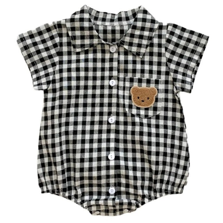 Geruite Baby Romper met Knopen en beer