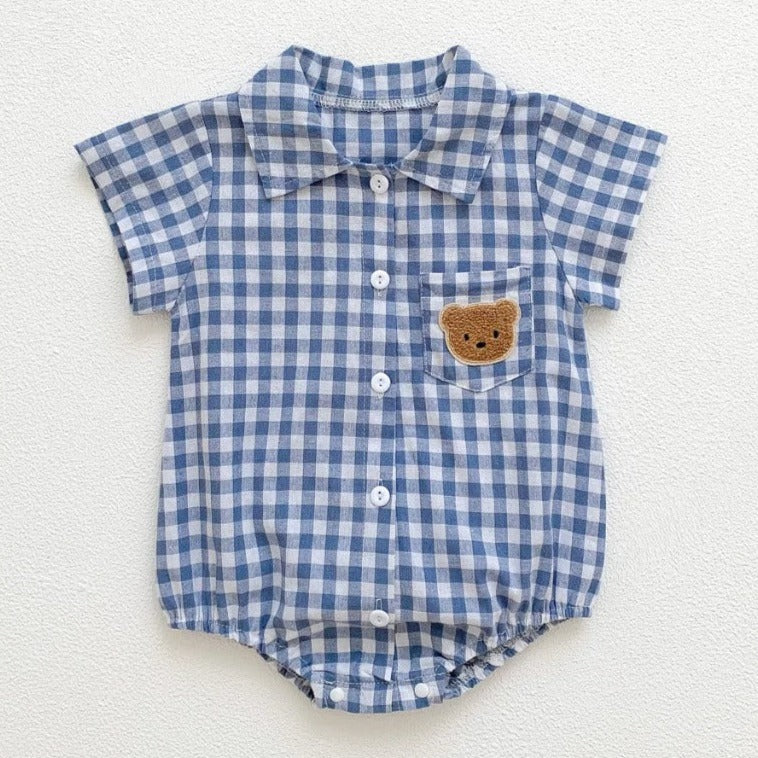 Geruite Baby Romper met Knopen en beer