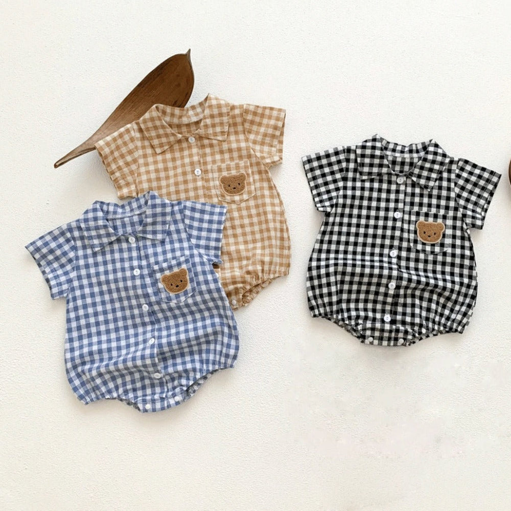 Geruite Baby Romper met Knopen en beer