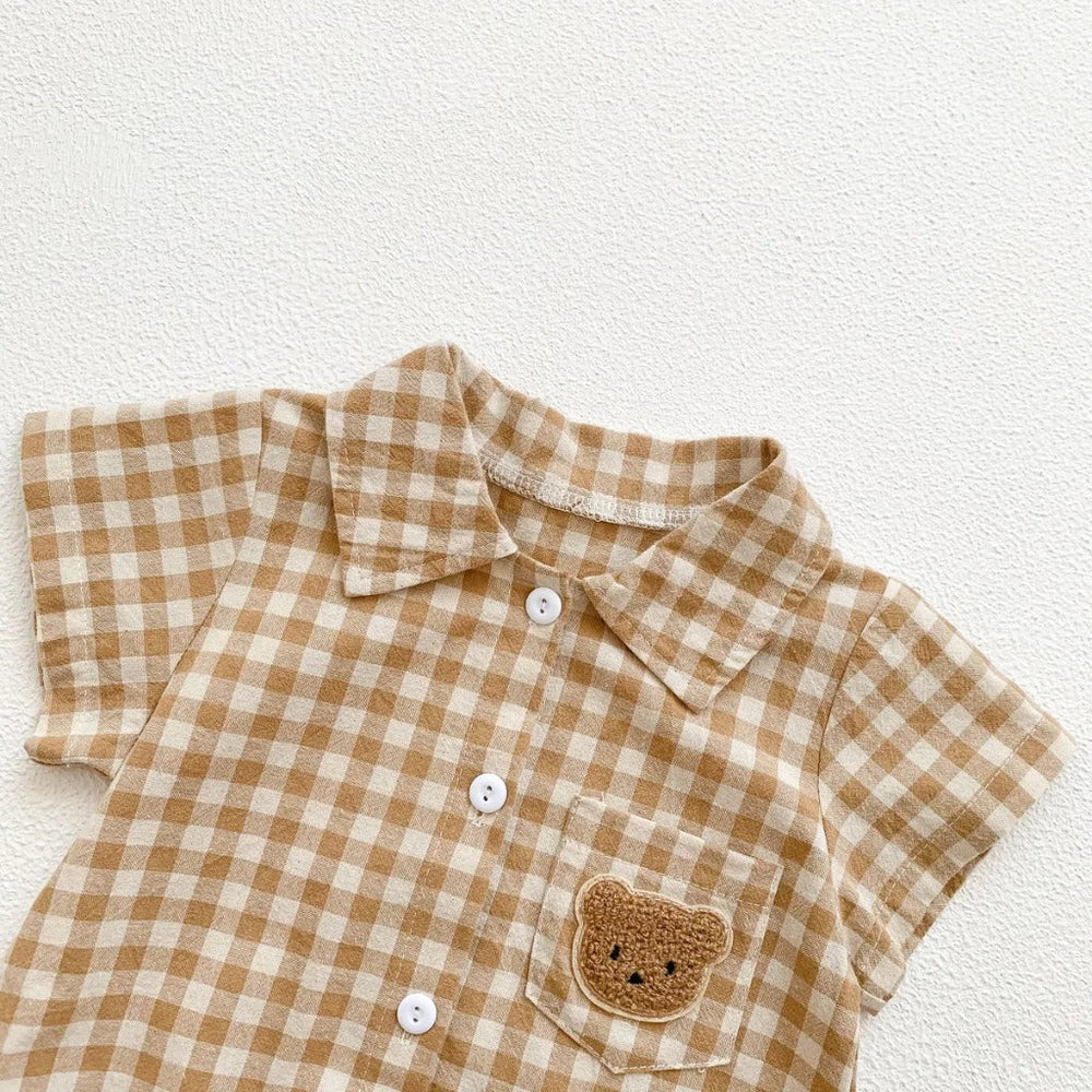 Geruite Baby Romper met Knopen en beer