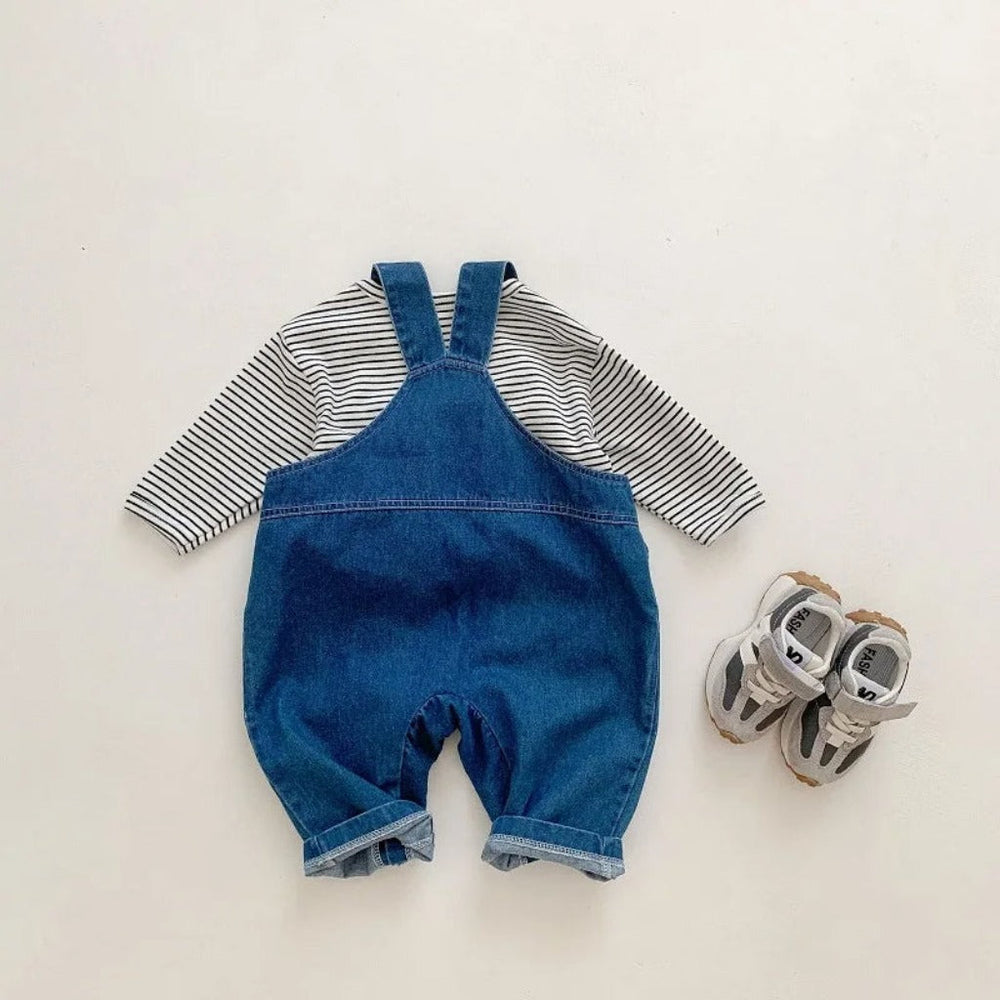 Denim Beer Baby 2-Delige Set – Jumpsuit met Gestreept Shirt