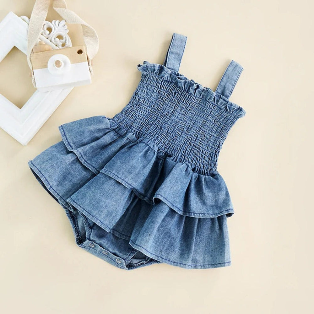 Denim Katoenen Baby Meisjes Bodysuit Jurk – Ruffle Zomer Outfit