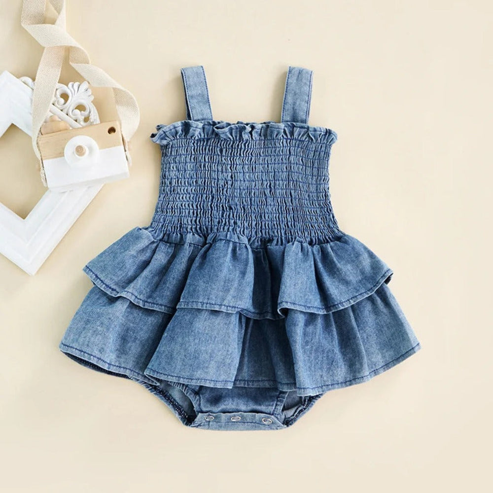 Denim Katoenen Baby Meisjes Bodysuit Jurk – Ruffle Zomer Outfit