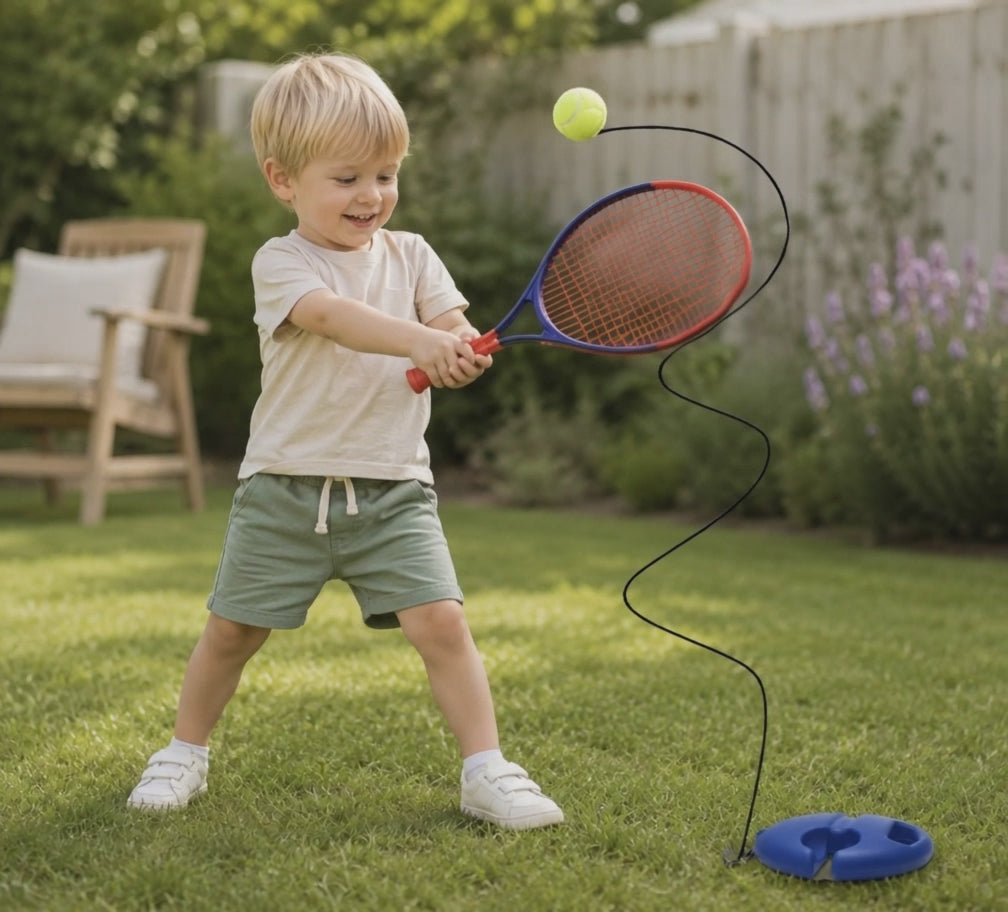 Video: kind oefent met de tennis trainer met elastiek en bal