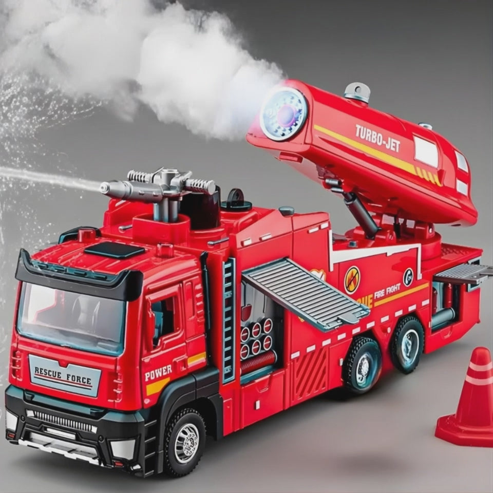 Interactieve brandweerwagen met licht, geluid en waterspray in actie
