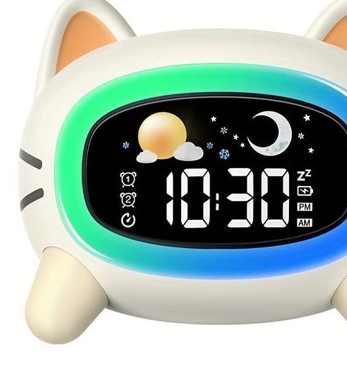 Digitale slaaptrainer en wekker met witte ruis – kattenklok met nachtlamp